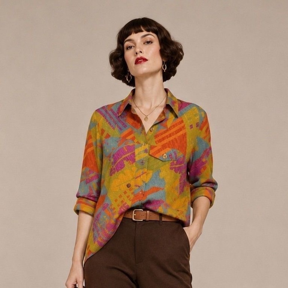 IOS Large Multicolor Silk Linen Abstract Print Button Down Blouse